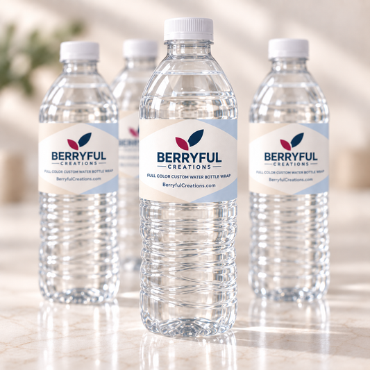 Custom 20 oz water bottles with company logo printed on personalized vinyl labels