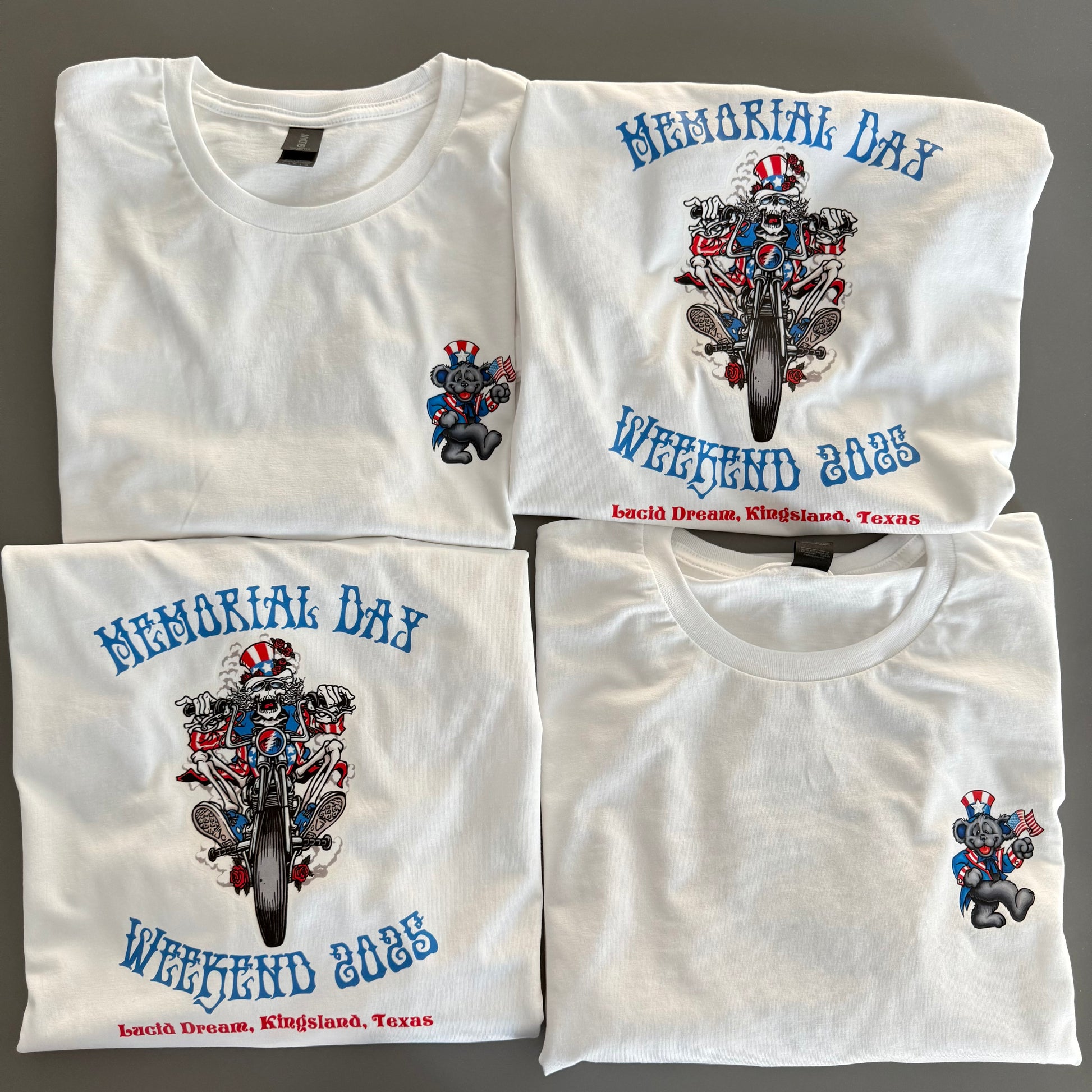 Four white t-shirts with Memorial Day Weekend 2023 graphic design on a gray background. Custom t-shirt, logo personalized design, men’s/unisex fit, front/back view.. custom personalized t shirt unisex kid youth adult women men crew neck polyester moisture wicking cotton soft comfortable