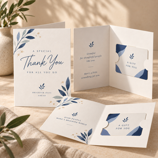 Custom corporate greeting card with built-in gift card holder slits, company logo and personalized thank-you message