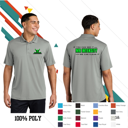 Gray polo shirt with front and back designs, color swatches, and text on a white background. Custom t-shirt, logo personalized design, men’s/unisex fit, front/back view.
