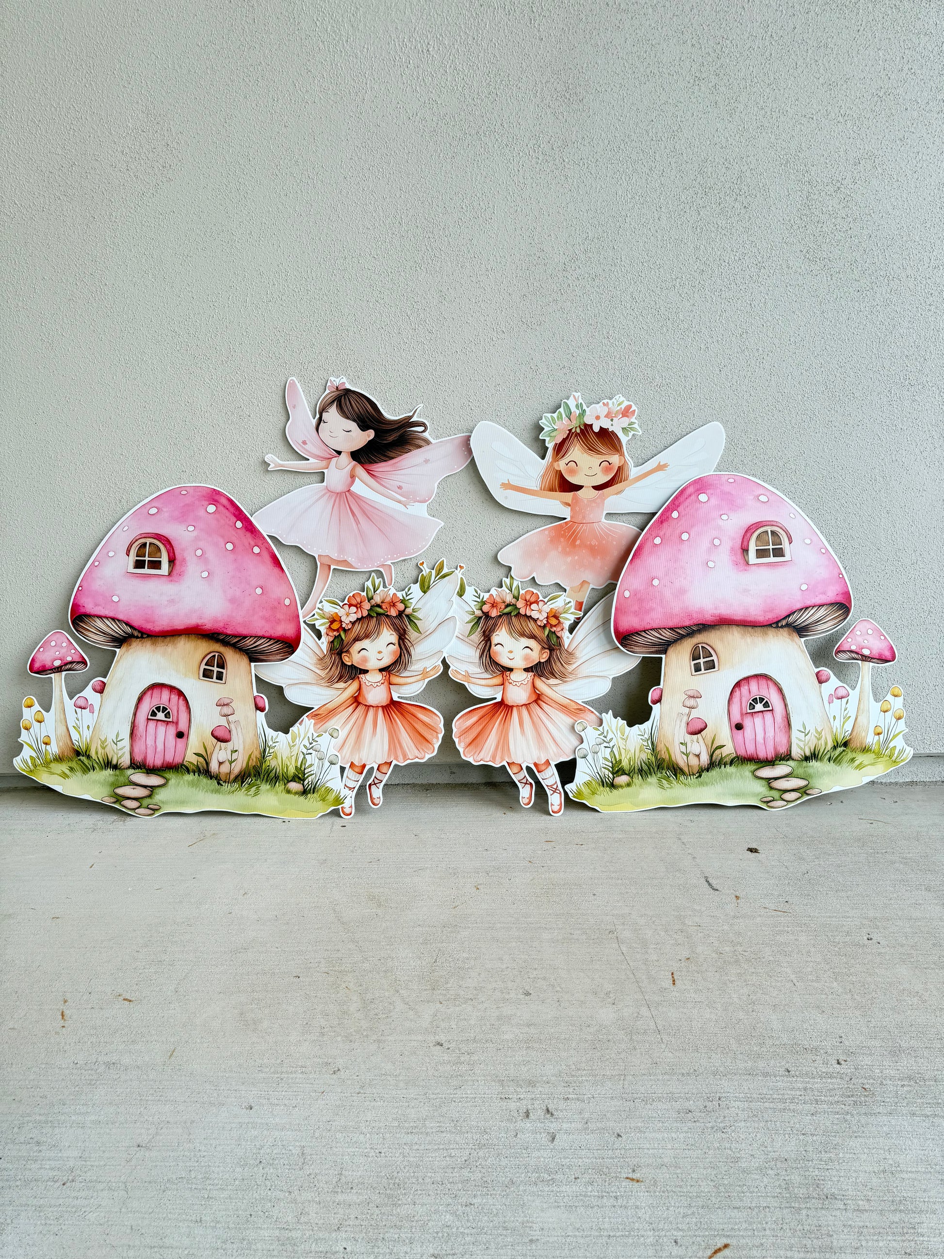 Set of fairy with pink mushroom houses on a gray background, event party decorator decor props cutout