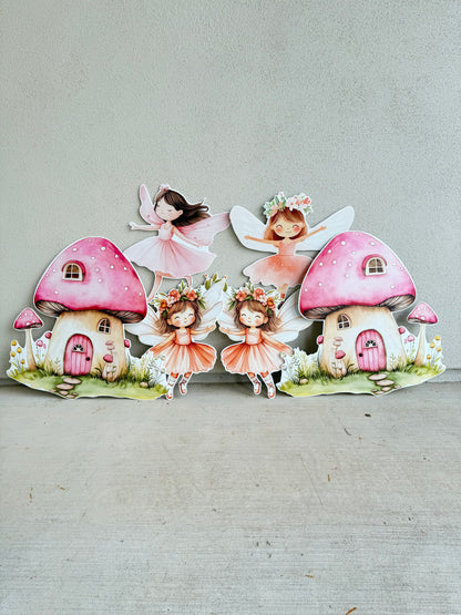 Set of fairy with pink mushroom houses on a gray background, event party decorator decor props cutout