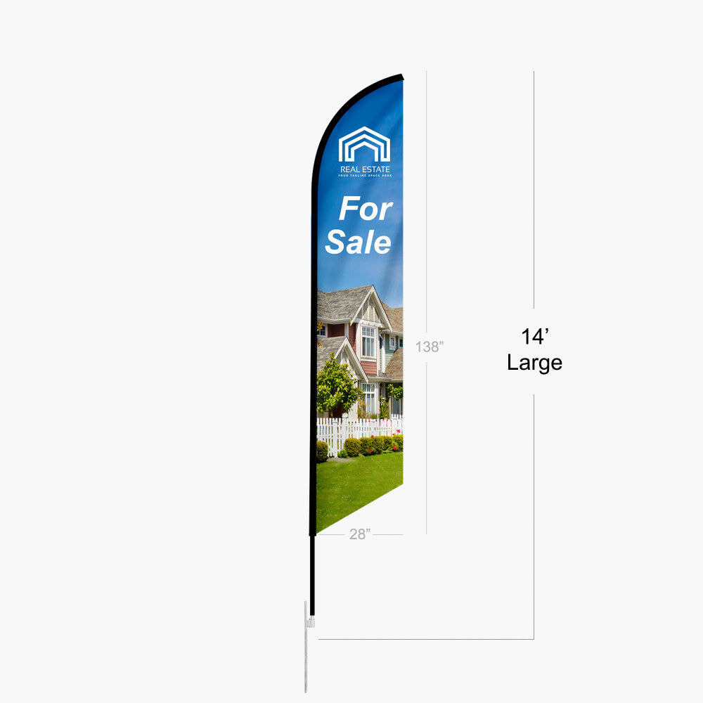 Real estate flag with 'For Sale' text and house image, displayed with dimensions on a white background.