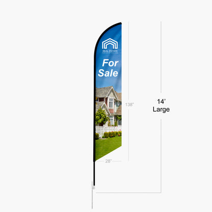 Real estate flag with 'For Sale' text and house image, displayed with dimensions on a white background.