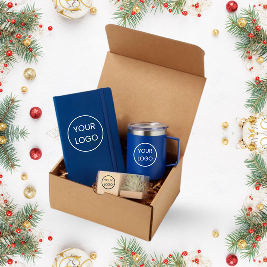 Office gift set with soft touch journal, insulated mug, and air plant