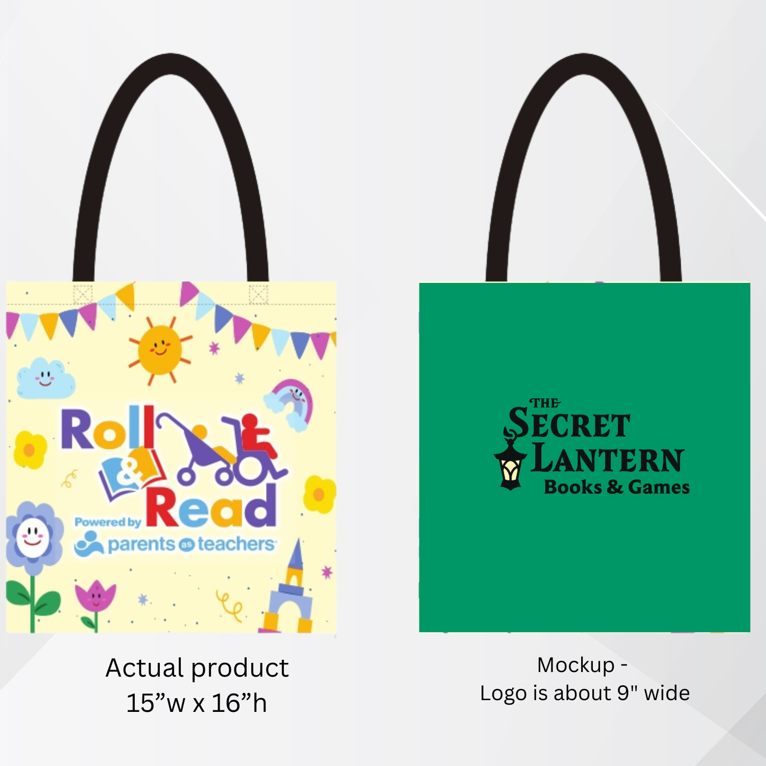 Two tote bags, one with colorful design and text, the other with a green background and logo.Colorful tote bag with cartoon designs and text on a white background, tote bag, custom, personalize, premium quality