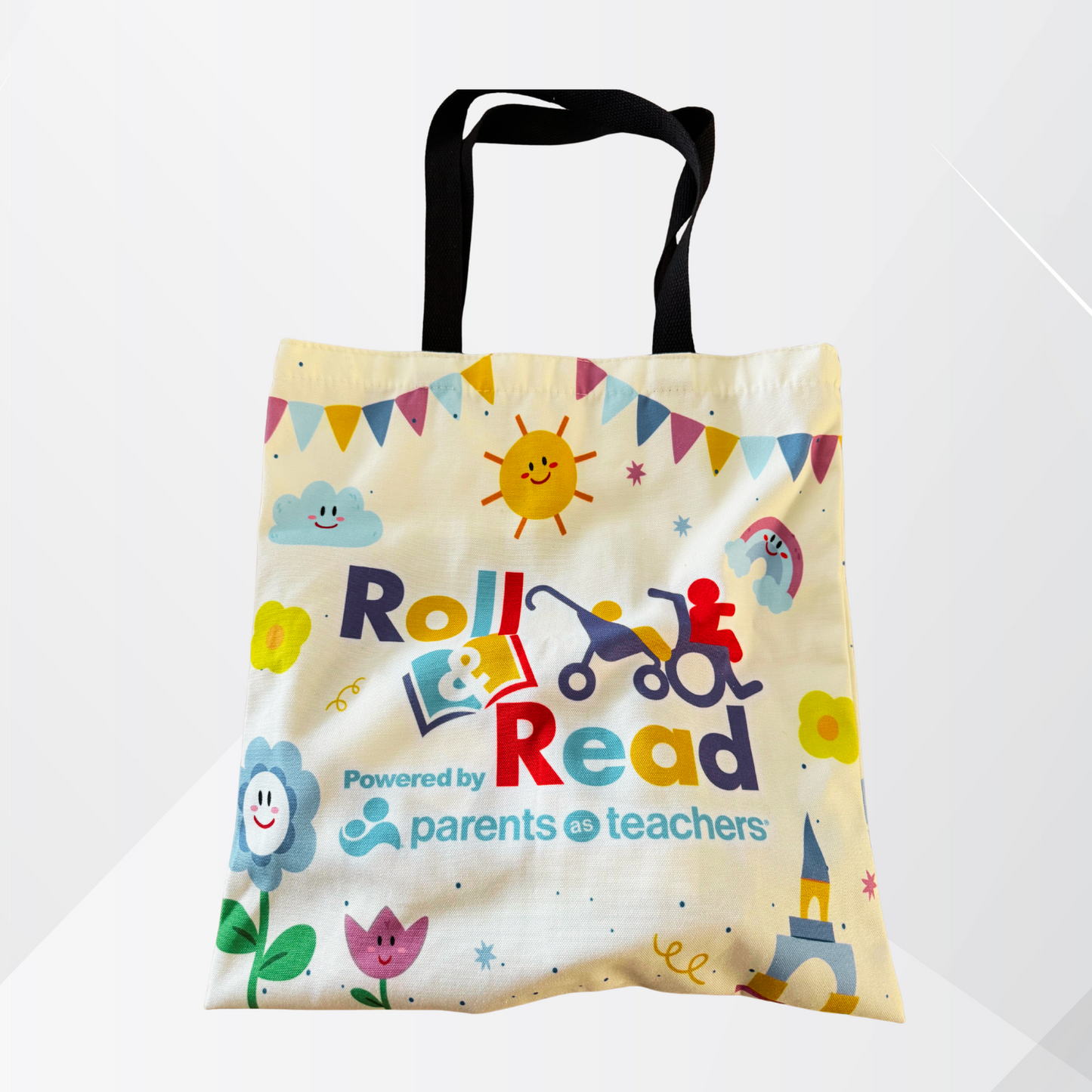 Colorful tote bag with cartoon designs and text on a white background, tote bag, custom, personalize, premium quality