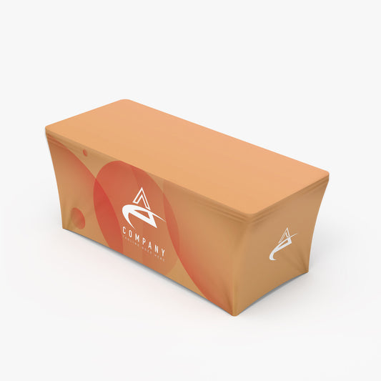 Custom stretch table cover with full-color branding for trade shows