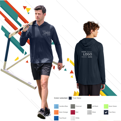 Man wearing a navy blue hoodie with 'YOUR LOGO HERE' text, holding a hurdle on a colorful geometric background. Custom t-shirt, logo personalized design, men’s/unisex fit, front/back view.
