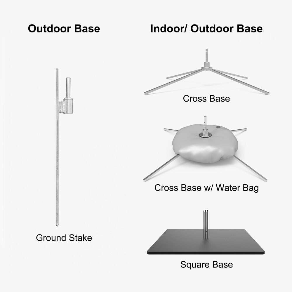Diagram of different base options for a structure, including outdoor, indoor/outdoor, cross base, square base, and ground stake.