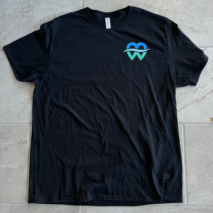 Black t-shirt with a logo on display. Custom t-shirt, logo personalized design, men’s/unisex fit, front/back view.. custom personalized t shirt unisex kid youth adult women men crew neck polyester moisture wicking cotton soft comfortable