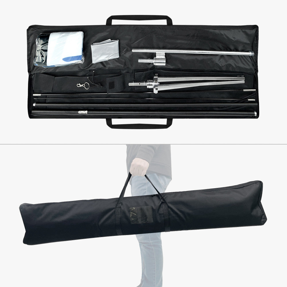 Black carrying case with telescopic rods and accessories, and a person holding the extended case.