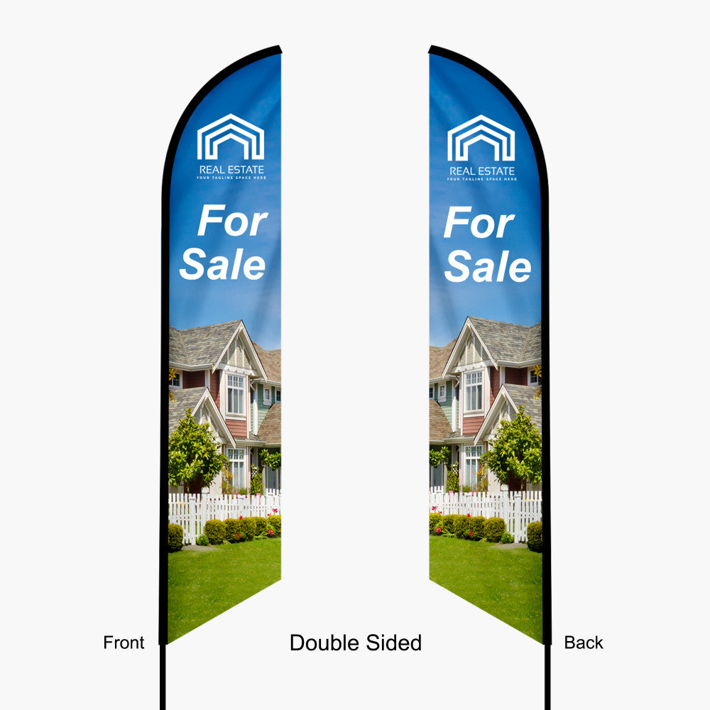 Double-sided real estate 'For Sale' flag with a house image on a white background