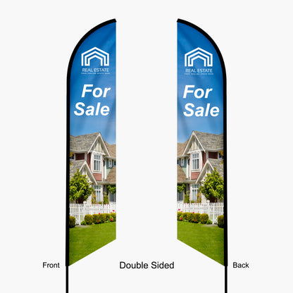 Double-sided real estate 'For Sale' flag with a house image on a white background