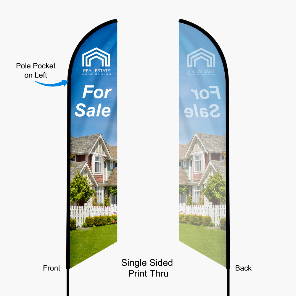 Real estate 'For Sale' flag with pole pocket on left, front and back views.