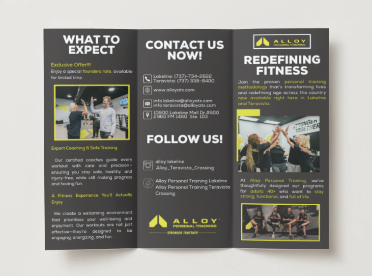 Open brochure with Alloy Personal Training information on a white background tri fold business promotion flyer brochure 