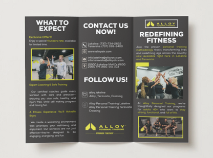 Open brochure with Alloy Personal Training information on a white background tri fold business promotion flyer brochure 
